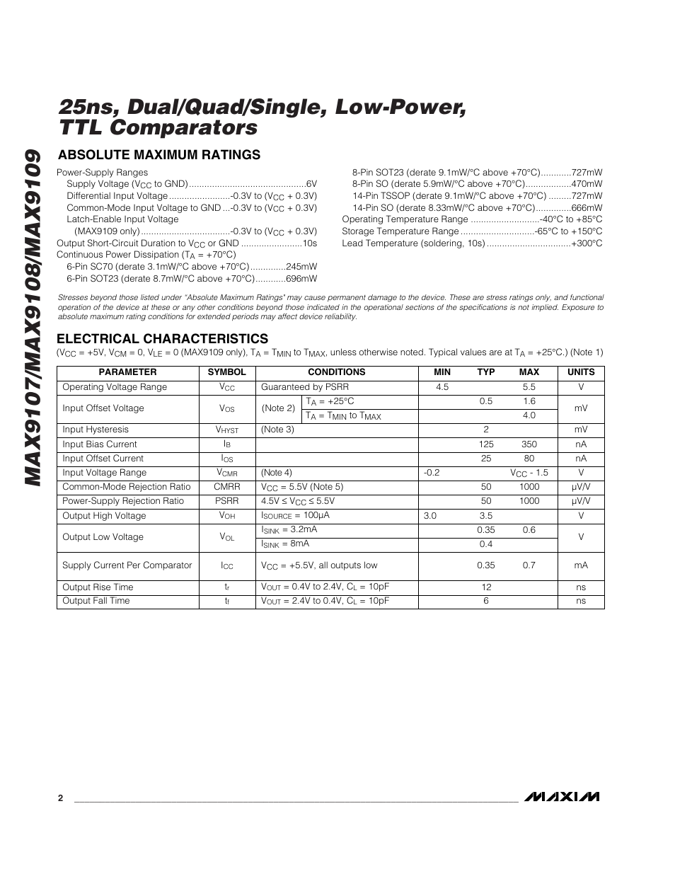 Electrical characteristics, Absolute maximum ratings | Rainbow Electronics MAX9109 User Manual | Page 2 / 10