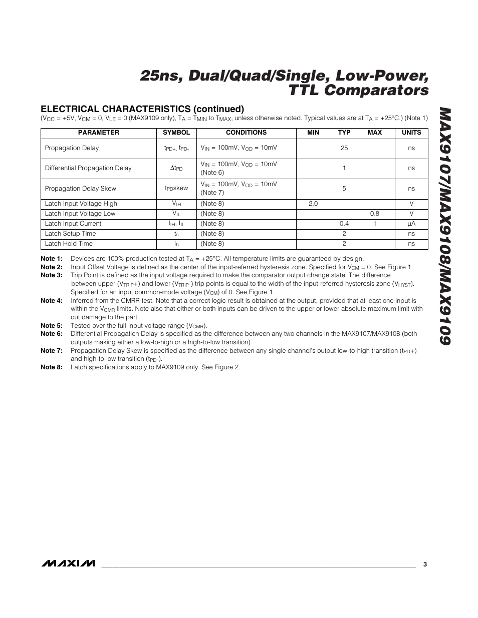 Electrical characteristics (continued) | Rainbow Electronics MAX9109 User Manual | Page 3 / 10