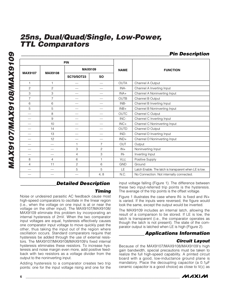 Detailed description, Applications information, Pin description | Timing, Circuit layout | Rainbow Electronics MAX9109 User Manual | Page 6 / 10