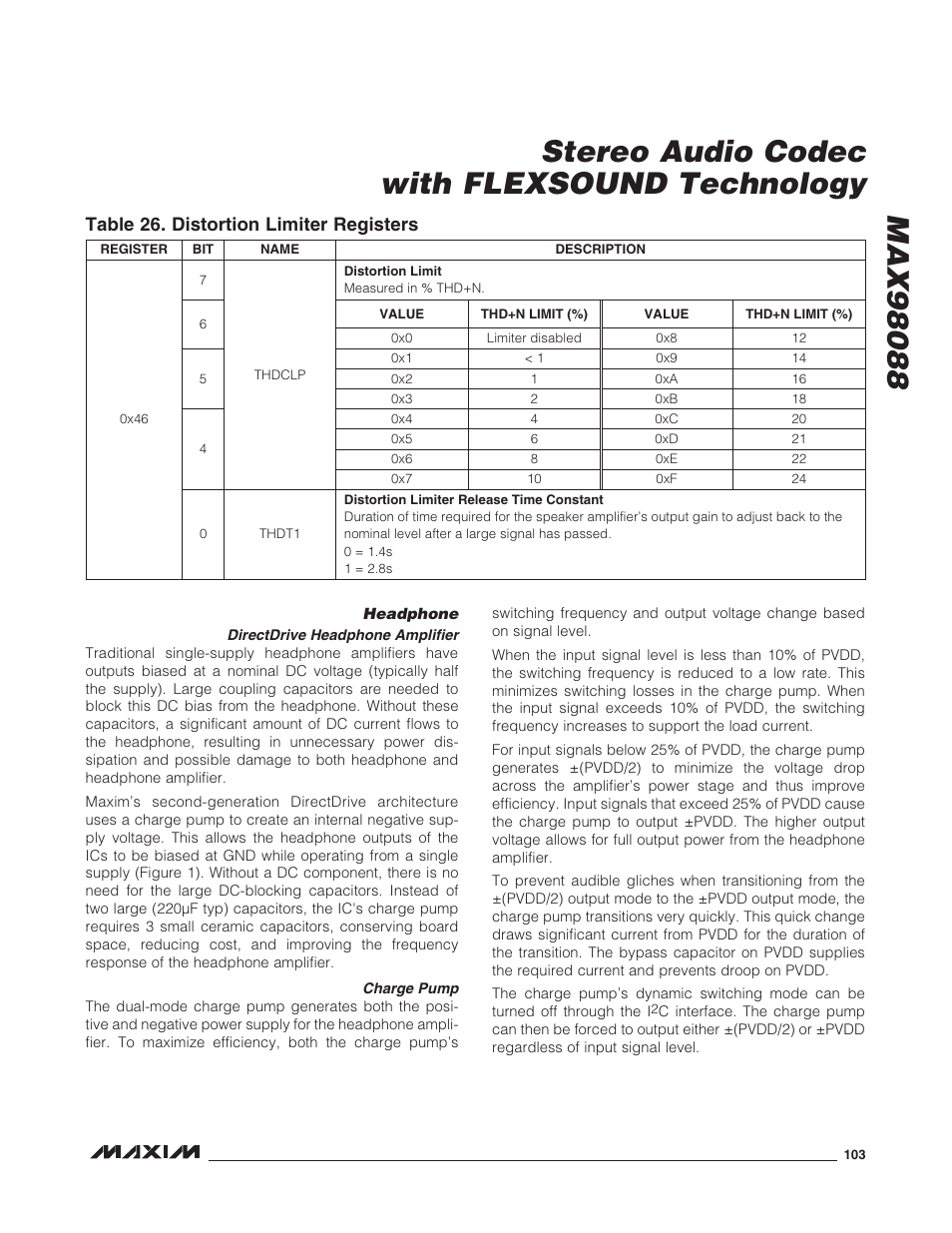 Headphone, Directdrive headphone amplifier, Charge pump | Directdrive headphone amplifier charge pump, Table 26. distortion limiter registers | Rainbow Electronics MAX98088 User Manual | Page 103 / 123