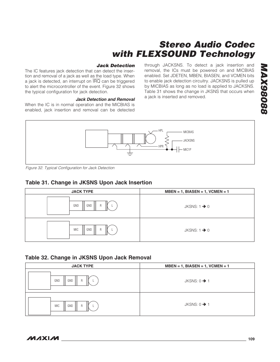 Jack detection, Jack detection and removal | Rainbow Electronics MAX98088 User Manual | Page 109 / 123