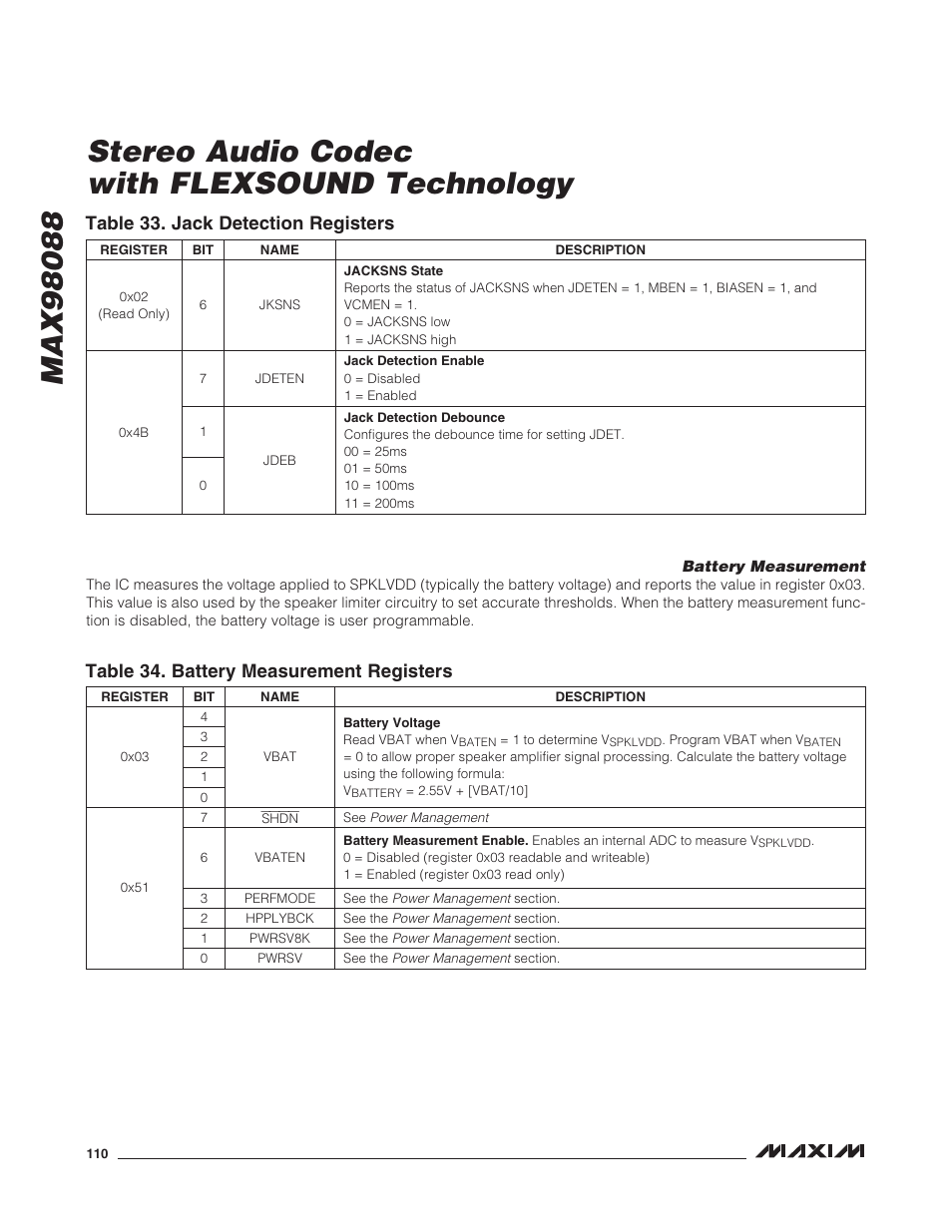 Battery measurement, Table 33. jack detection registers, Table 34. battery measurement registers | Rainbow Electronics MAX98088 User Manual | Page 110 / 123