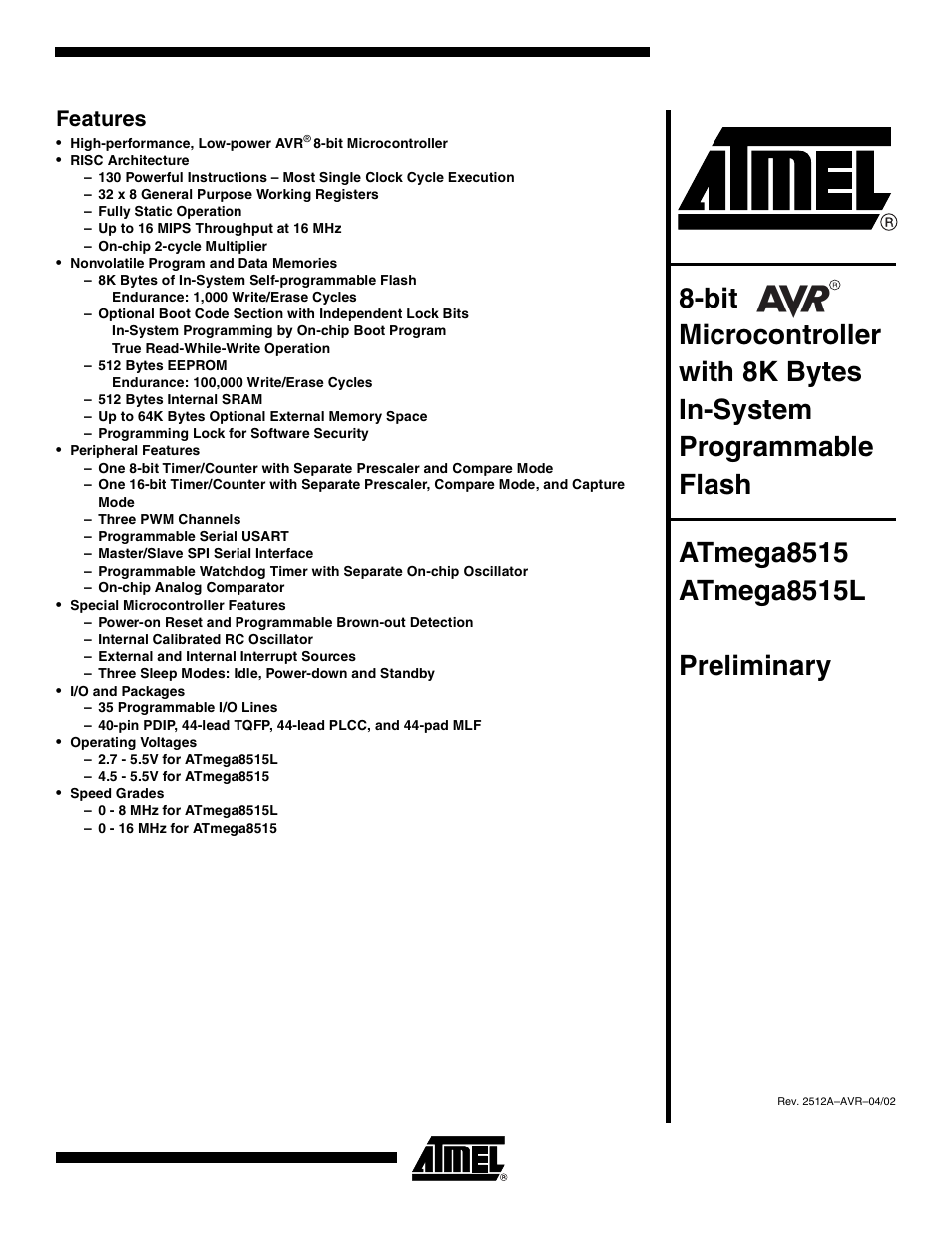 Rainbow Electronics ATmega8515L User Manual | 223 pages