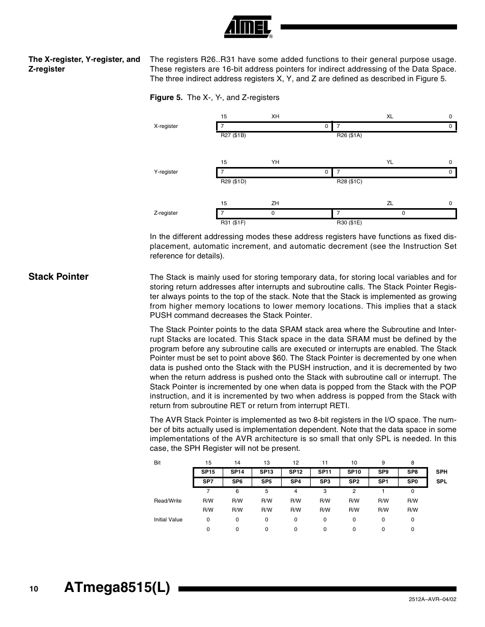 The x-register, y-register, and z-register, Stack pointer, Atmega8515(l) | Rainbow Electronics ATmega8515L User Manual | Page 10 / 223