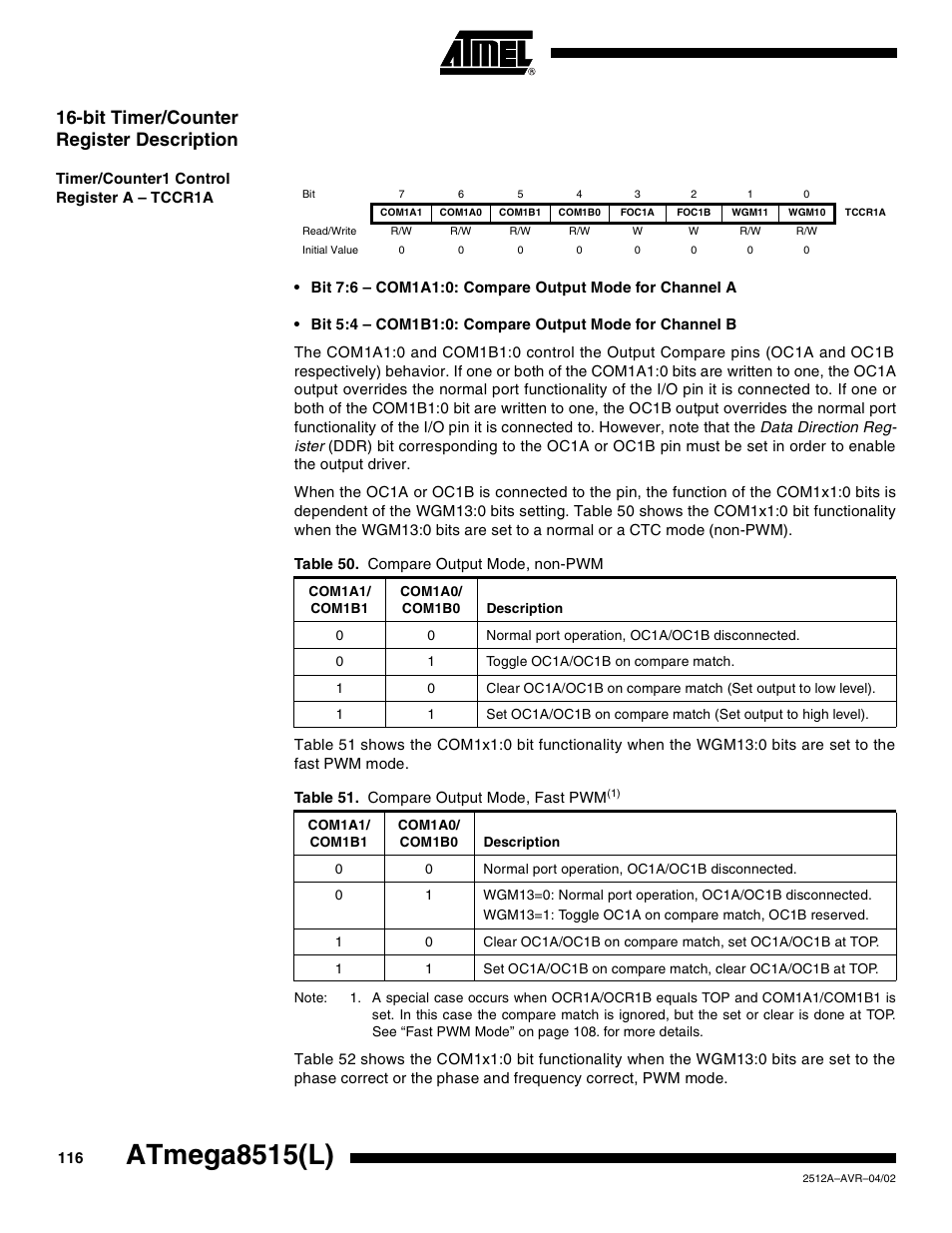 Bit timer/counter register description, Timer/counter1 control register a – tccr1a, Table 50 | Table 51, Atmega8515(l) | Rainbow Electronics ATmega8515L User Manual | Page 116 / 223