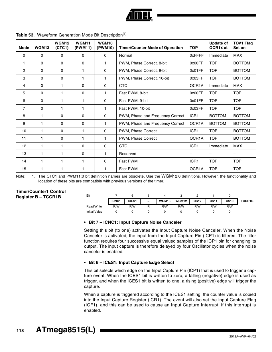 Timer/counter1 control register b – tccr1b, Table 53, Atmega8515(l) | Rainbow Electronics ATmega8515L User Manual | Page 118 / 223