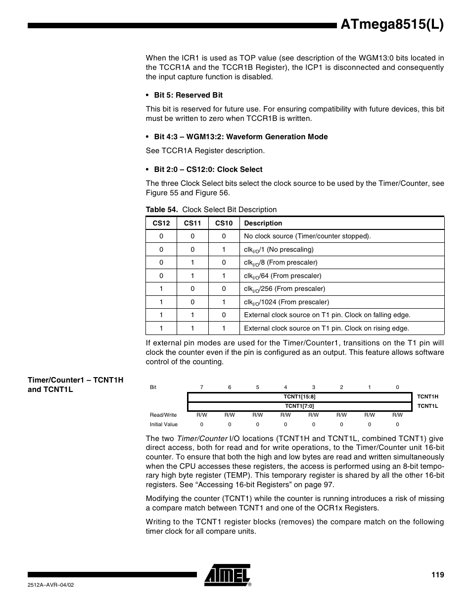 Timer/counter1 – tcnt1h and tcnt1l, Atmega8515(l) | Rainbow Electronics ATmega8515L User Manual | Page 119 / 223