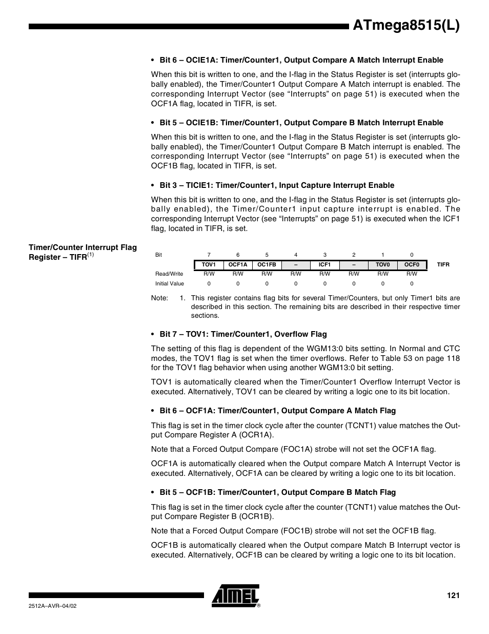 Timer/counter interrupt flag register – tifr(1), Atmega8515(l) | Rainbow Electronics ATmega8515L User Manual | Page 121 / 223