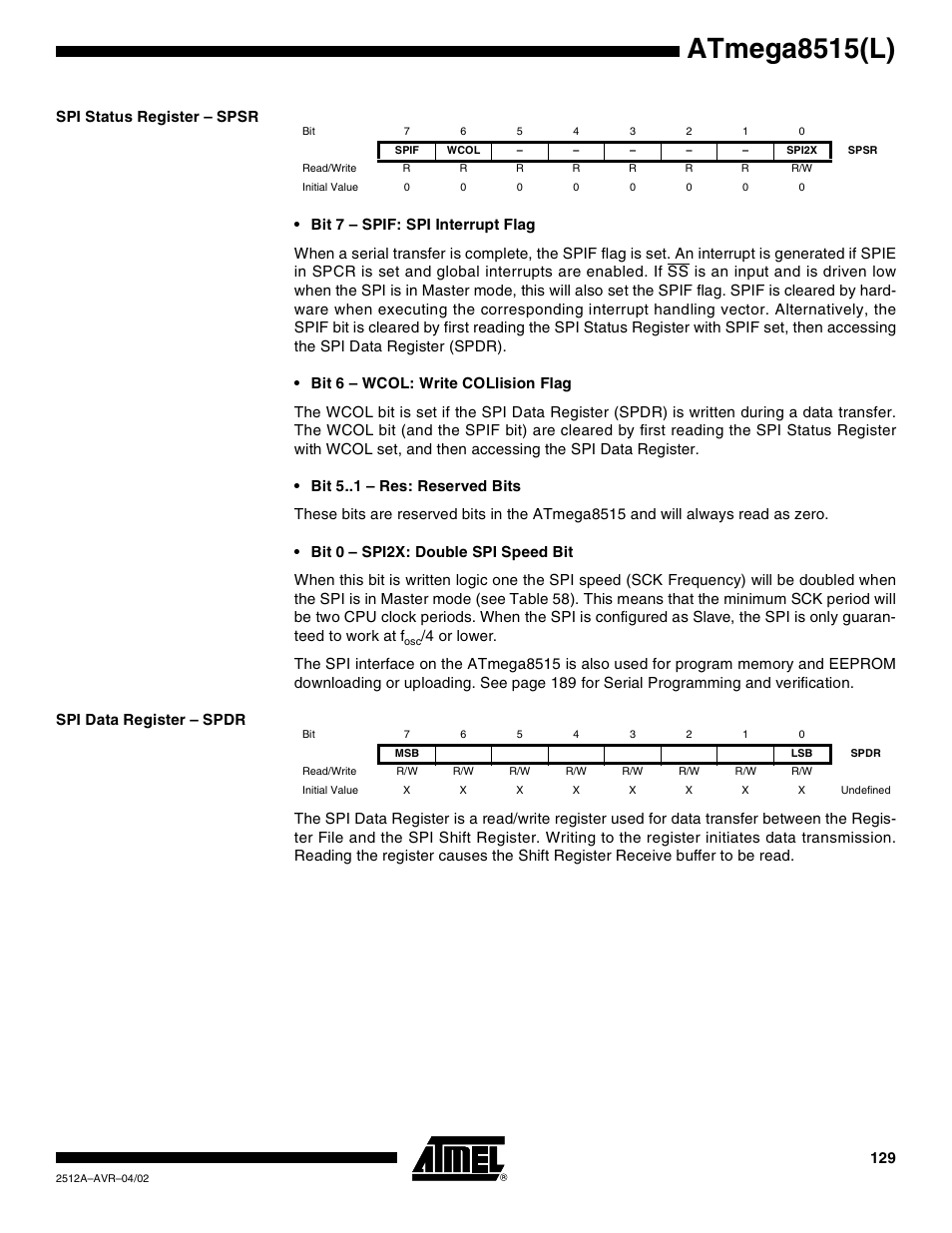 Spi status register – spsr, Spi data register – spdr, Atmega8515(l) | Rainbow Electronics ATmega8515L User Manual | Page 129 / 223