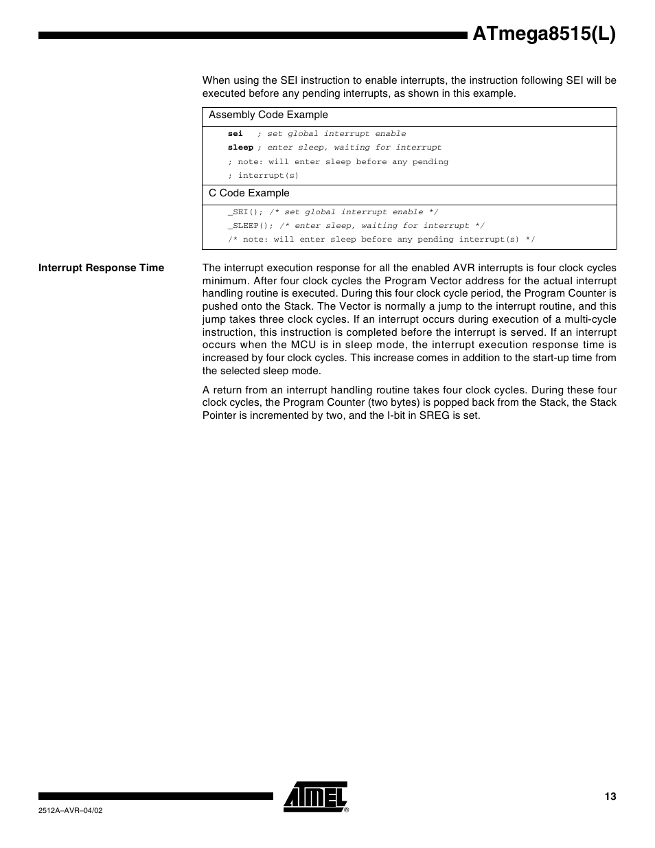 Interrupt response time, Atmega8515(l) | Rainbow Electronics ATmega8515L User Manual | Page 13 / 223