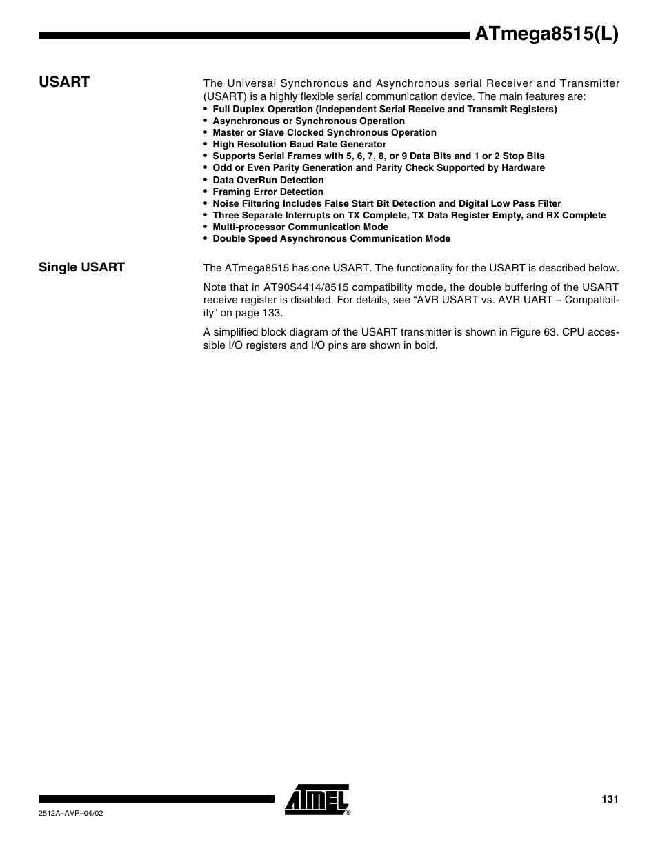 Usart, Single usart, Atmega8515(l) | Rainbow Electronics ATmega8515L User Manual | Page 131 / 223