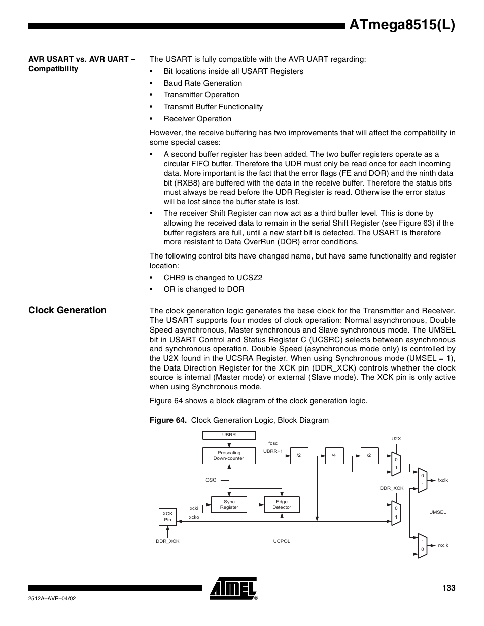 Avr usart vs. avr uart – compatibility, Clock generation, Atmega8515(l) | Rainbow Electronics ATmega8515L User Manual | Page 133 / 223