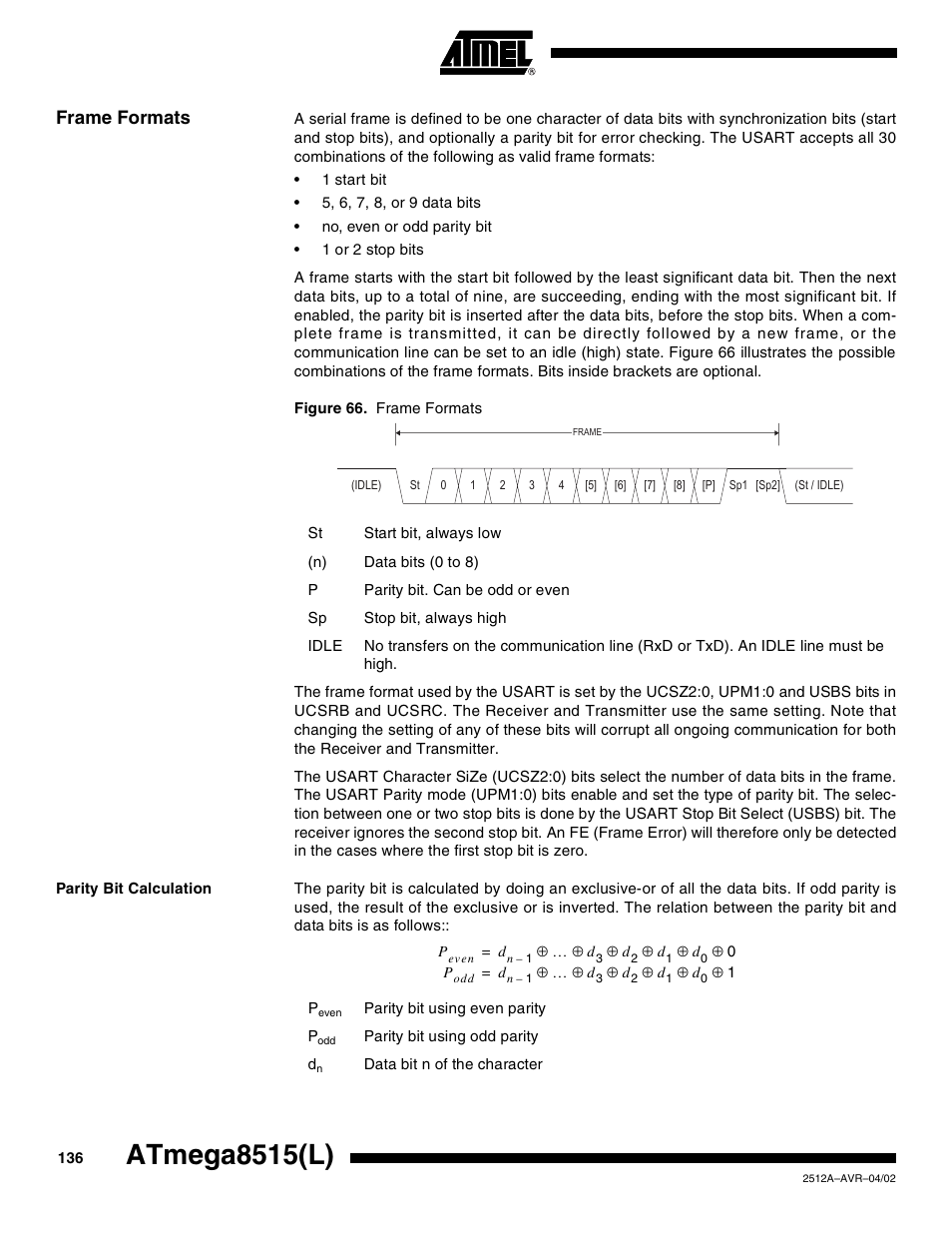 Frame formats, Parity bit calculation, Atmega8515(l) | Rainbow Electronics ATmega8515L User Manual | Page 136 / 223
