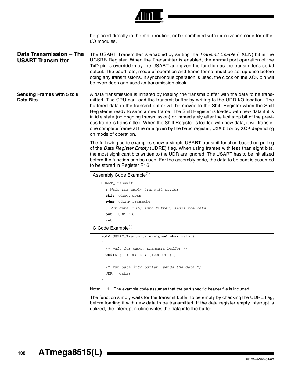 Data transmission – the usart transmitter, Sending frames with 5 to 8 data bits, Atmega8515(l) | Rainbow Electronics ATmega8515L User Manual | Page 138 / 223