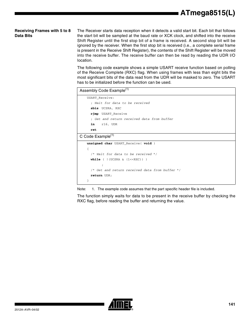 Receiving frames with 5 to 8 data bits, Atmega8515(l) | Rainbow Electronics ATmega8515L User Manual | Page 141 / 223