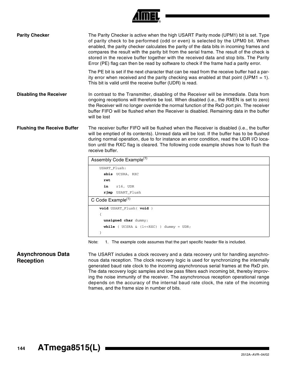 Parity checker, Disabling the receiver, Flushing the receive buffer | Asynchronous data reception, Atmega8515(l) | Rainbow Electronics ATmega8515L User Manual | Page 144 / 223