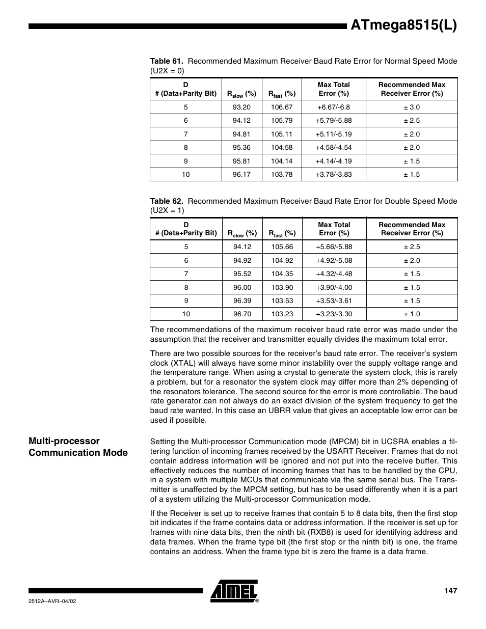 Multi-processor communication mode, Table 61), Table 61 | Table 62, Atmega8515(l) | Rainbow Electronics ATmega8515L User Manual | Page 147 / 223