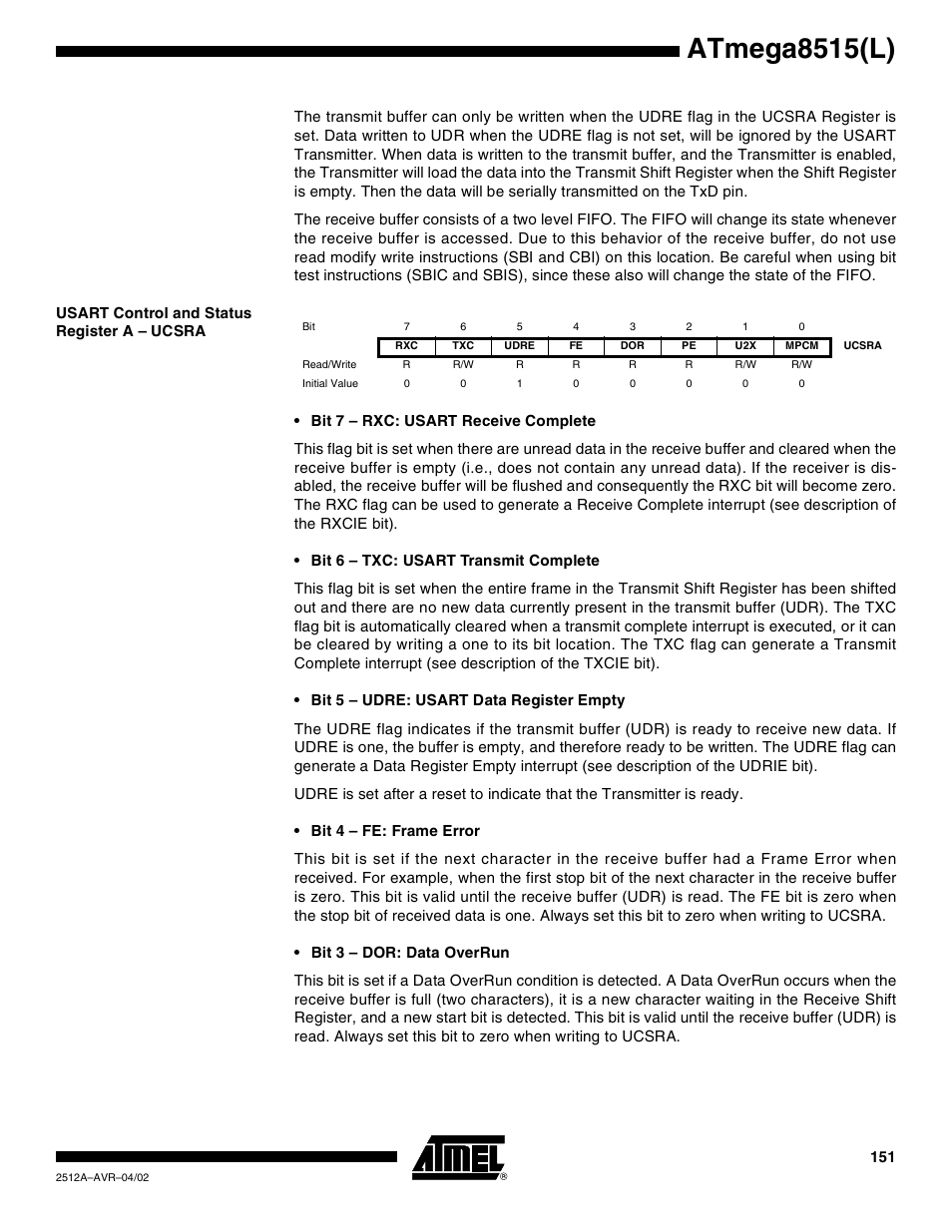 Usart control and status register a – ucsra, Atmega8515(l) | Rainbow Electronics ATmega8515L User Manual | Page 151 / 223