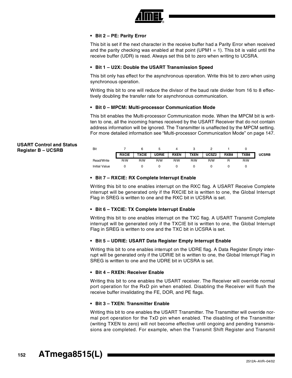 Usart control and status register b – ucsrb, Atmega8515(l) | Rainbow Electronics ATmega8515L User Manual | Page 152 / 223