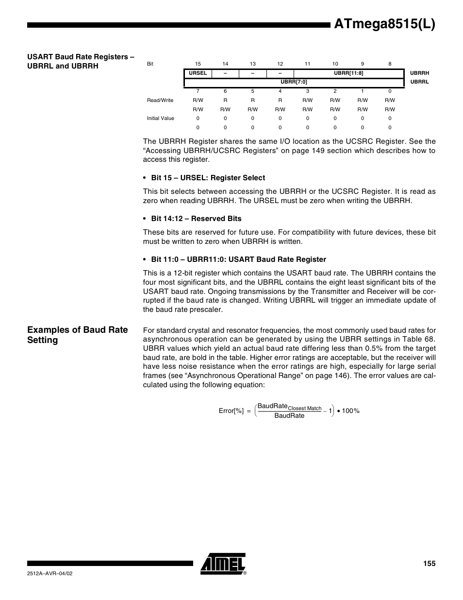 Usart baud rate registers – ubrrl and ubrrh, Examples of baud rate setting, Atmega8515(l) | Rainbow Electronics ATmega8515L User Manual | Page 155 / 223