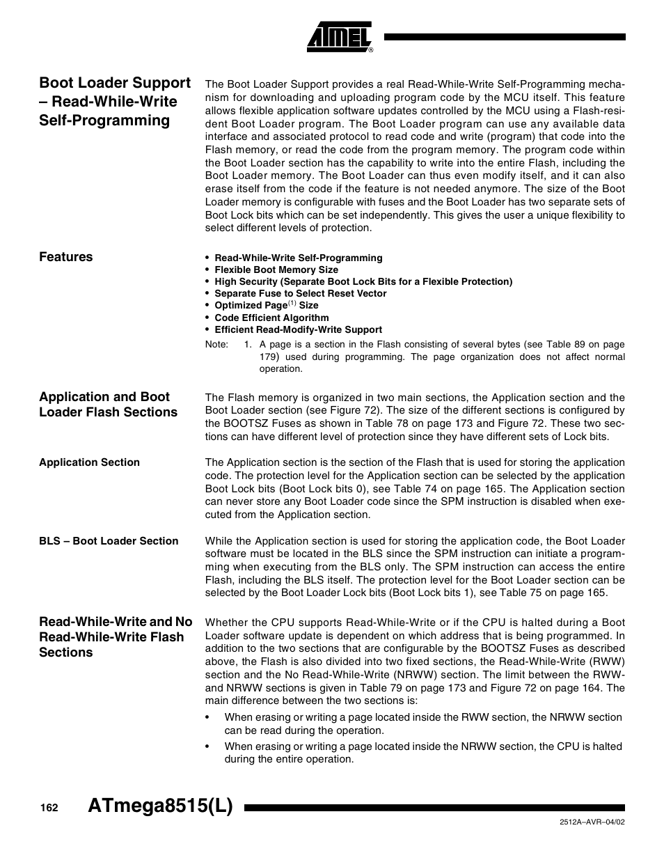 Features, Application and boot loader flash sections, Application section | Bls – boot loader section, Atmega8515(l) | Rainbow Electronics ATmega8515L User Manual | Page 162 / 223