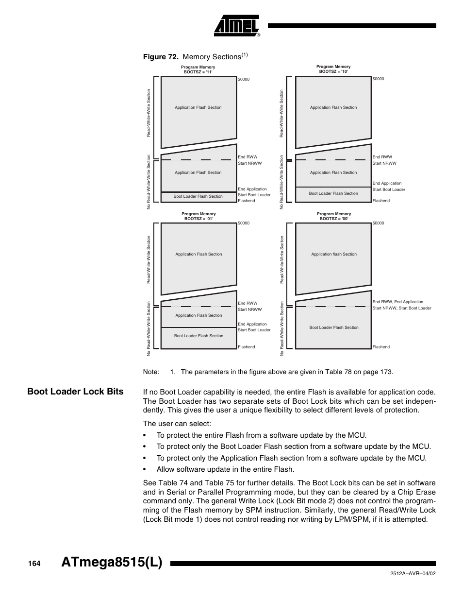 Boot loader lock bits, Figure 72), Figure 72 | Atmega8515(l) | Rainbow Electronics ATmega8515L User Manual | Page 164 / 223