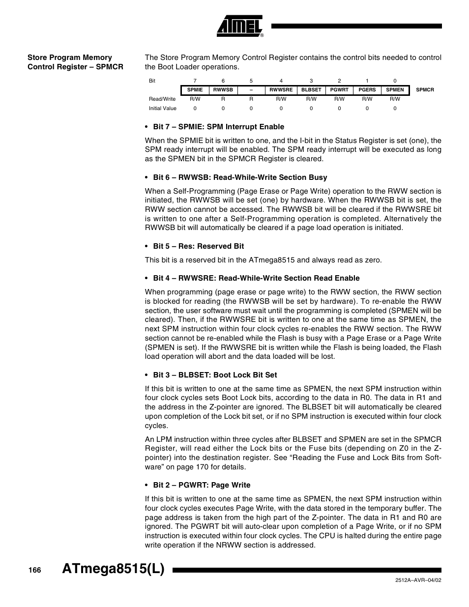 Store program memory control register – spmcr, Atmega8515(l) | Rainbow Electronics ATmega8515L User Manual | Page 166 / 223