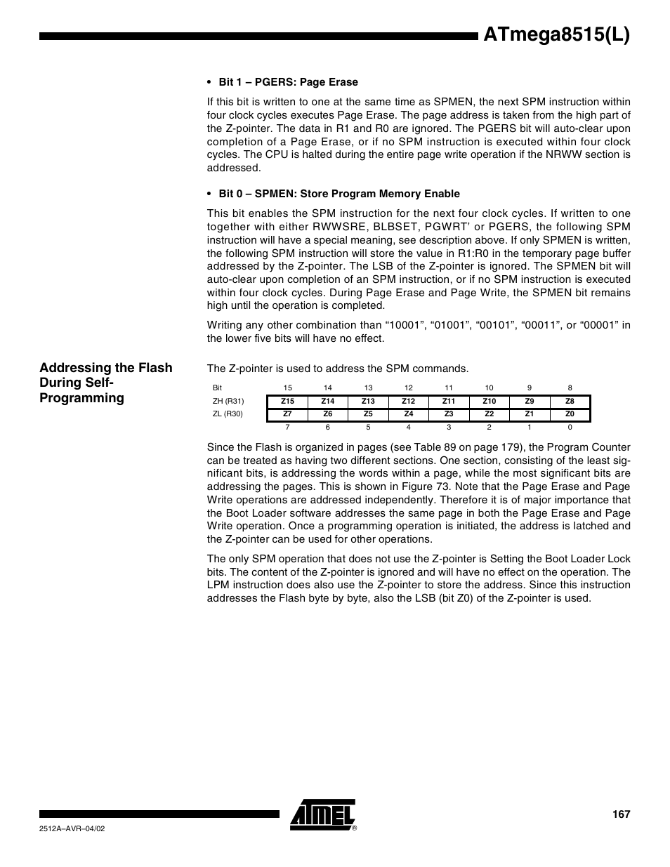 Addressing the flash during self- programming, Atmega8515(l) | Rainbow Electronics ATmega8515L User Manual | Page 167 / 223