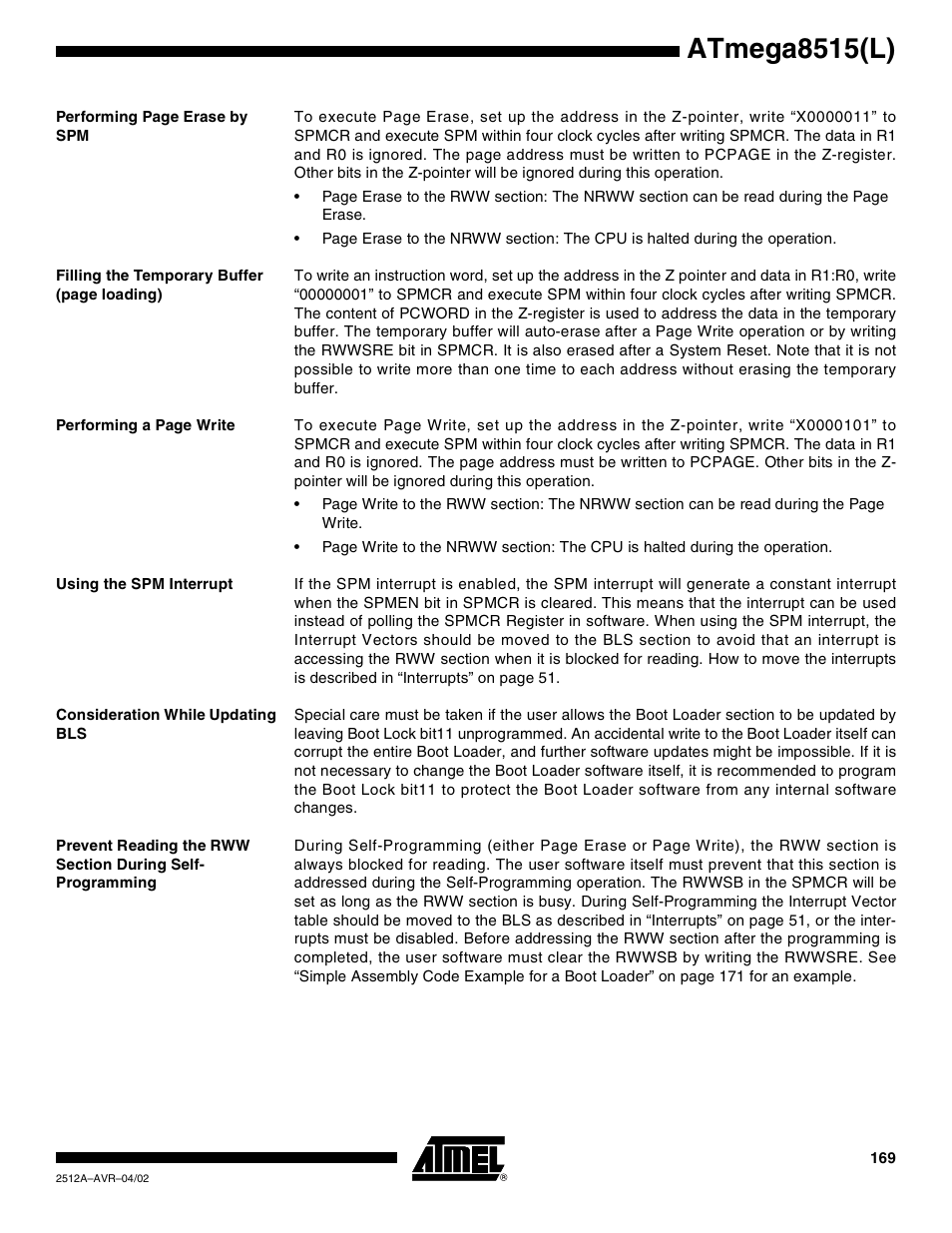 Using the spm interrupt, Consideration while updating bls, Atmega8515(l) | Rainbow Electronics ATmega8515L User Manual | Page 169 / 223