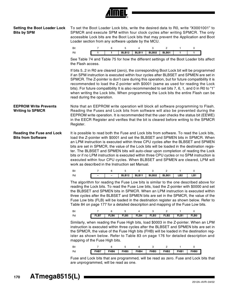 Setting the boot loader lock bits by spm, Eeprom write prevents writing to spmcr, Reading the fuse and lock bits from software | Atmega8515(l) | Rainbow Electronics ATmega8515L User Manual | Page 170 / 223