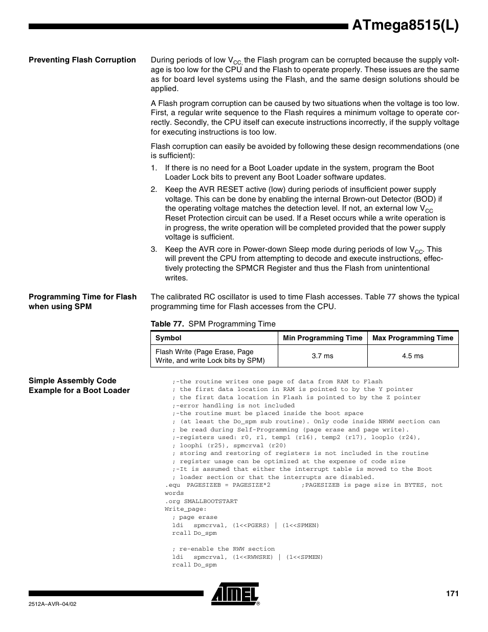 Preventing flash corruption, Programming time for flash when using spm, Simple assembly code example for a boot loader | Atmega8515(l) | Rainbow Electronics ATmega8515L User Manual | Page 171 / 223