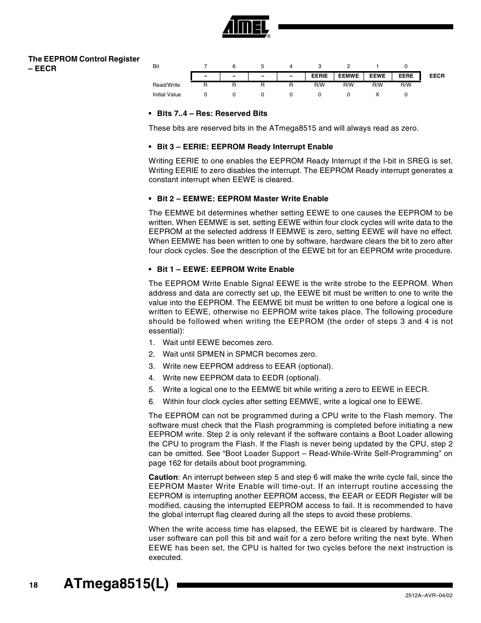 The eeprom control register – eecr, Atmega8515(l) | Rainbow Electronics ATmega8515L User Manual | Page 18 / 223