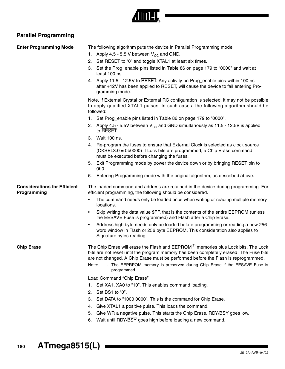 Parallel programming, Enter programming mode, Considerations for efficient programming | Chip erase, Atmega8515(l) | Rainbow Electronics ATmega8515L User Manual | Page 180 / 223