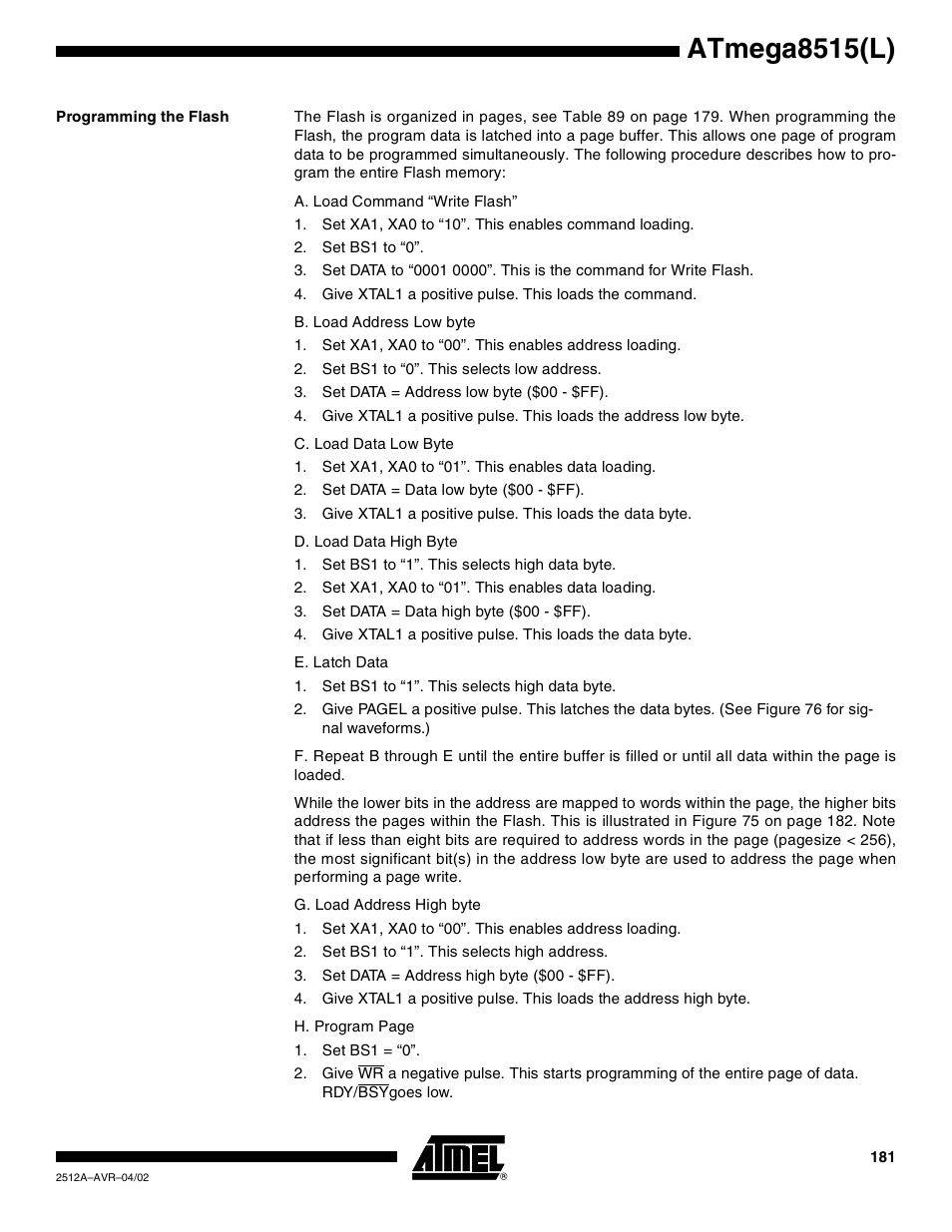 Programming the flash, Atmega8515(l) | Rainbow Electronics ATmega8515L User Manual | Page 181 / 223