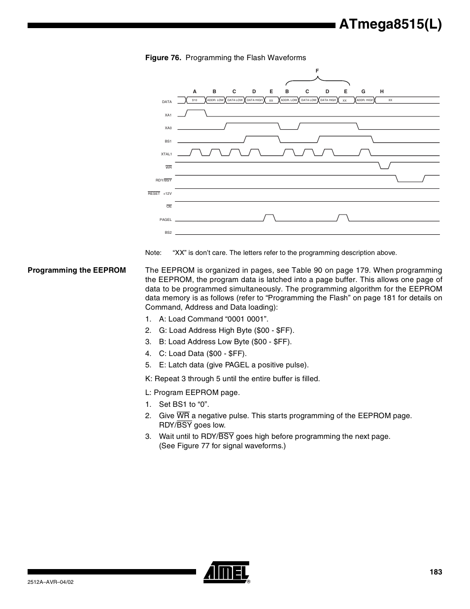 Programming the eeprom, Atmega8515(l), Figure 76. programming the flash waveforms | Rainbow Electronics ATmega8515L User Manual | Page 183 / 223