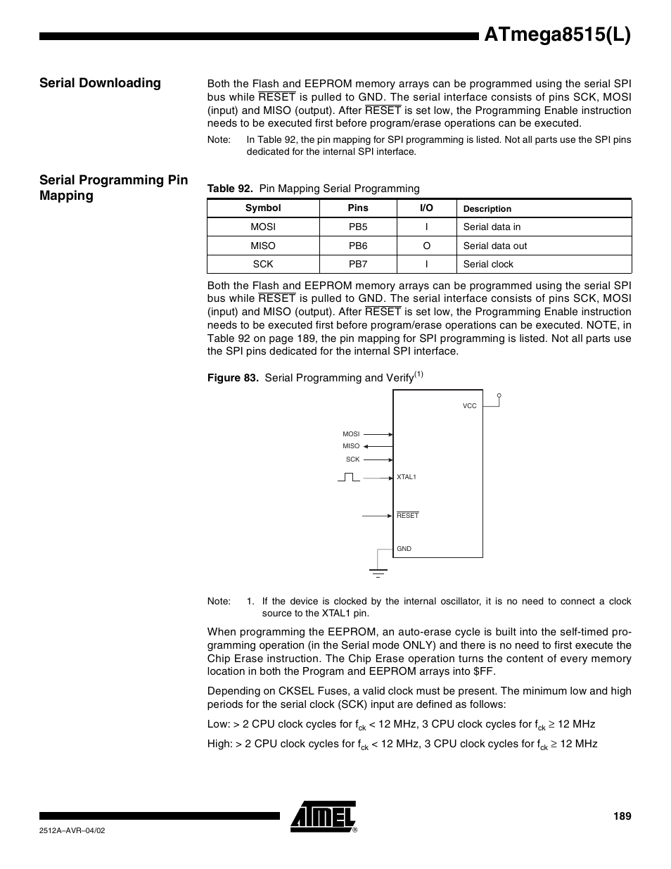 Serial downloading, Serial programming pin mapping, Atmega8515(l) | Rainbow Electronics ATmega8515L User Manual | Page 189 / 223