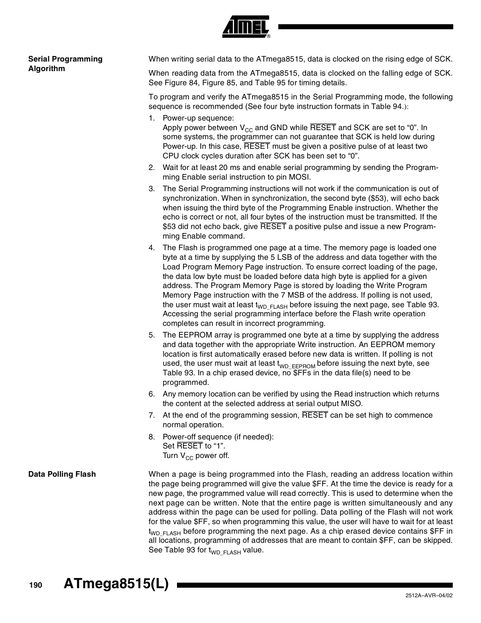 Serial programming algorithm, Data polling flash, Atmega8515(l) | Rainbow Electronics ATmega8515L User Manual | Page 190 / 223