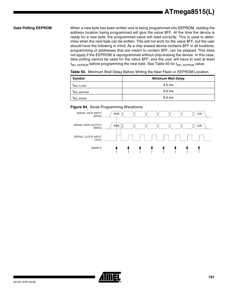 Data polling eeprom, Figure 84, Table 93 | Atmega8515(l) | Rainbow Electronics ATmega8515L User Manual | Page 191 / 223