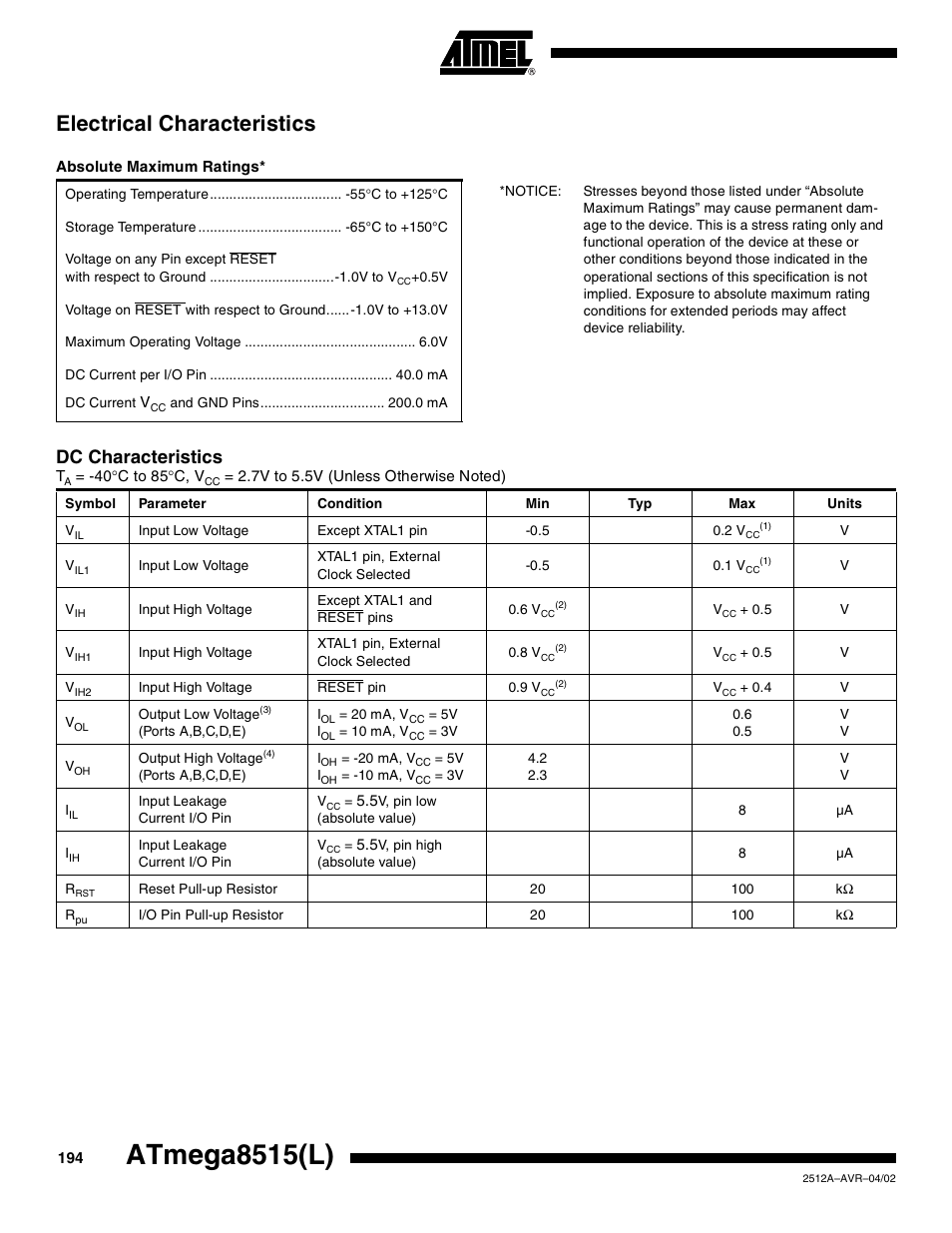 Electrical characteristics, Absolute maximum ratings, Atmega8515(l) | Dc characteristics | Rainbow Electronics ATmega8515L User Manual | Page 194 / 223