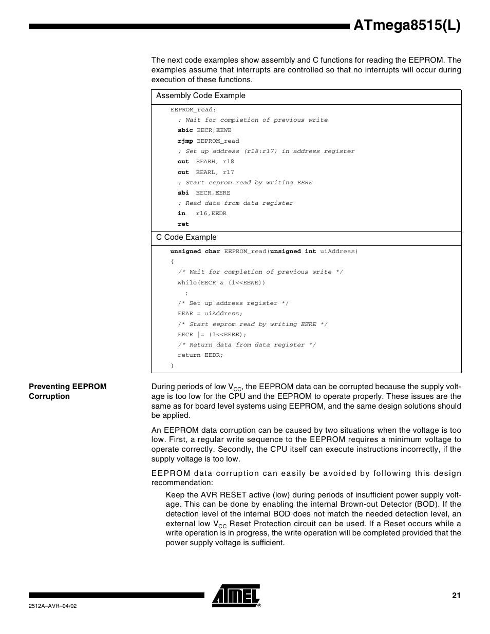 Preventing eeprom corruption, Atmega8515(l) | Rainbow Electronics ATmega8515L User Manual | Page 21 / 223