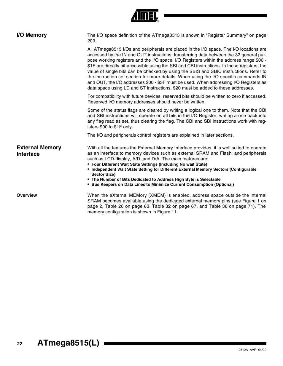 I/o memory, External memory interface, Overview | Atmega8515(l) | Rainbow Electronics ATmega8515L User Manual | Page 22 / 223