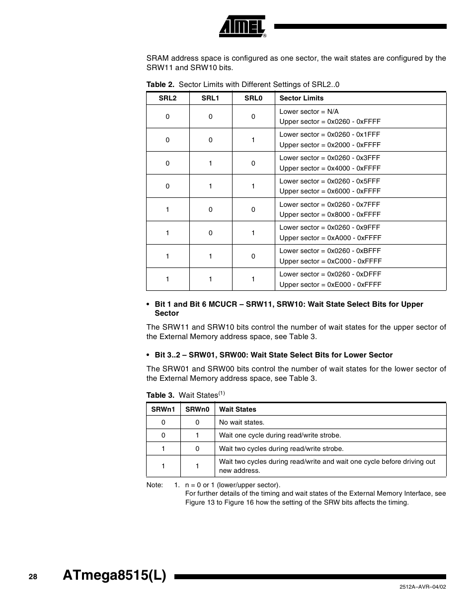 Table 3, Atmega8515(l) | Rainbow Electronics ATmega8515L User Manual | Page 28 / 223