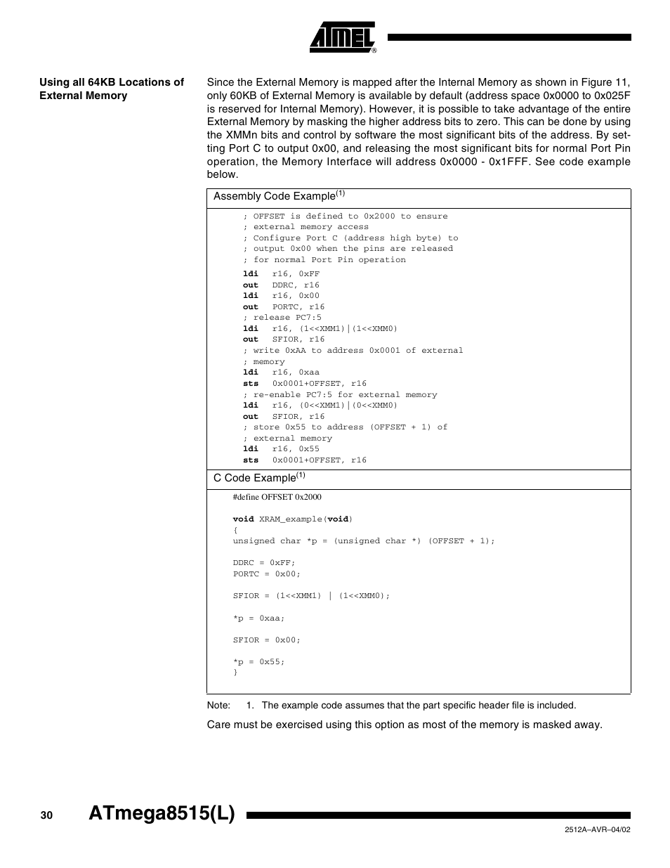 Using all 64kb locations of external memory, Atmega8515(l) | Rainbow Electronics ATmega8515L User Manual | Page 30 / 223