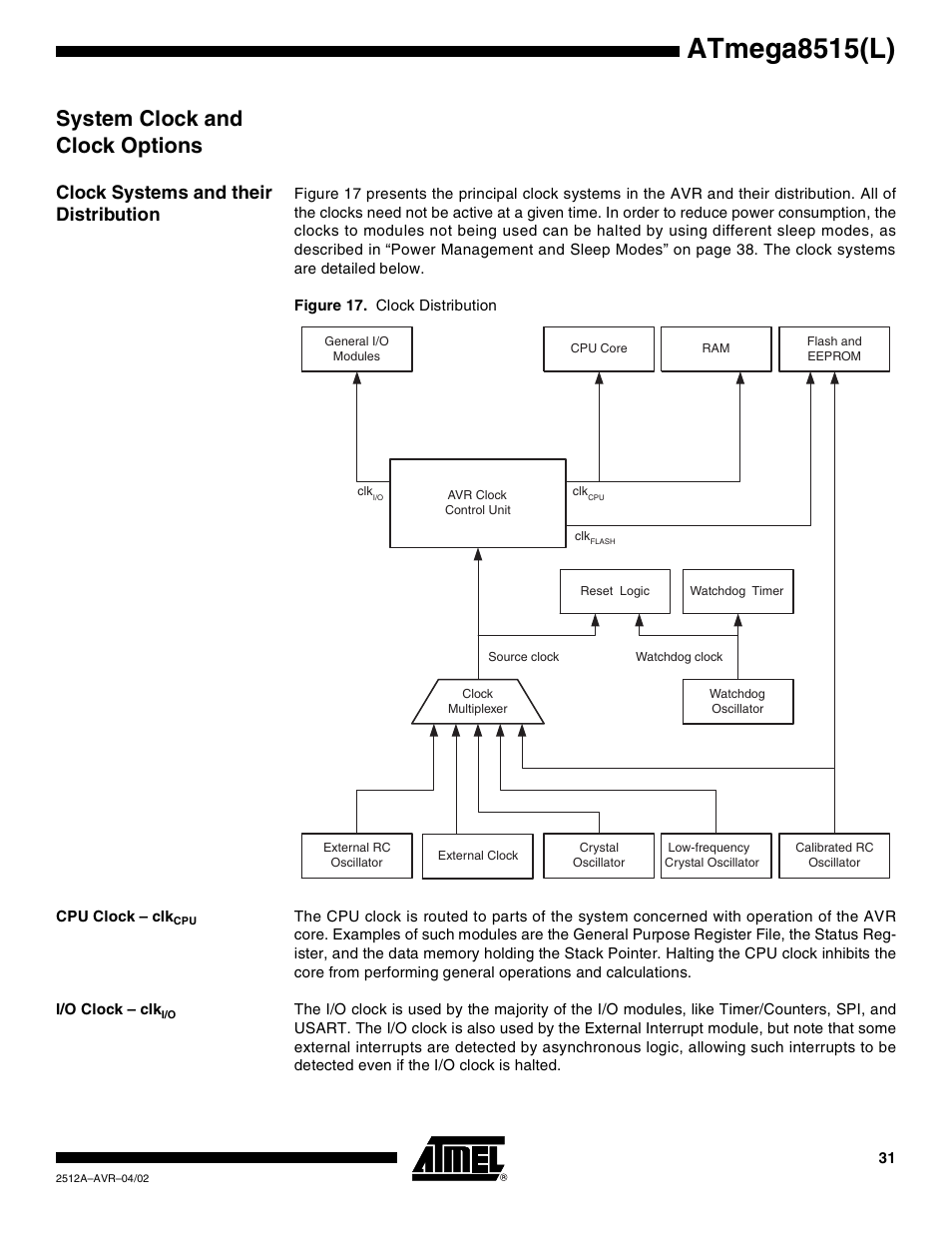 System clock and clock options, Clock systems and their distribution, Cpu clock – clkcpu | I/o clock – clki/o, Atmega8515(l) | Rainbow Electronics ATmega8515L User Manual | Page 31 / 223