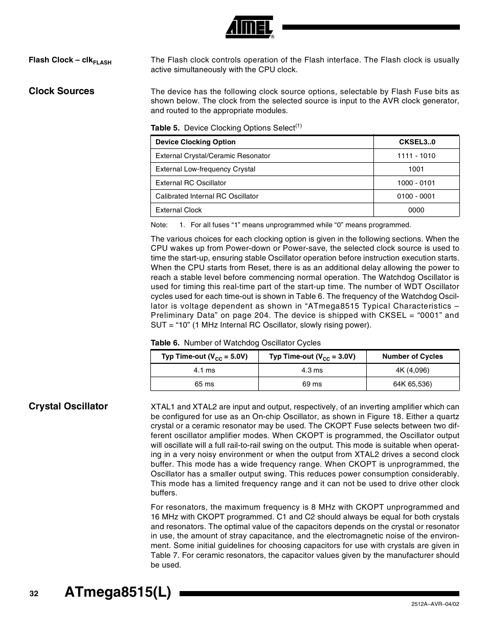 Flash clock – clkflash, Clock sources, Crystal oscillator | Atmega8515(l) | Rainbow Electronics ATmega8515L User Manual | Page 32 / 223