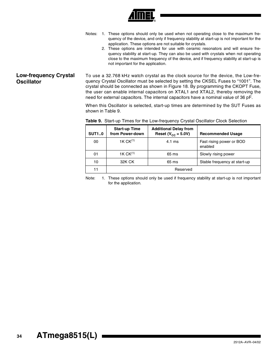 Low-frequency crystal oscillator, Atmega8515(l) | Rainbow Electronics ATmega8515L User Manual | Page 34 / 223