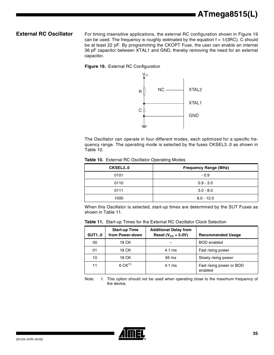 External rc oscillator, Atmega8515(l) | Rainbow Electronics ATmega8515L User Manual | Page 35 / 223