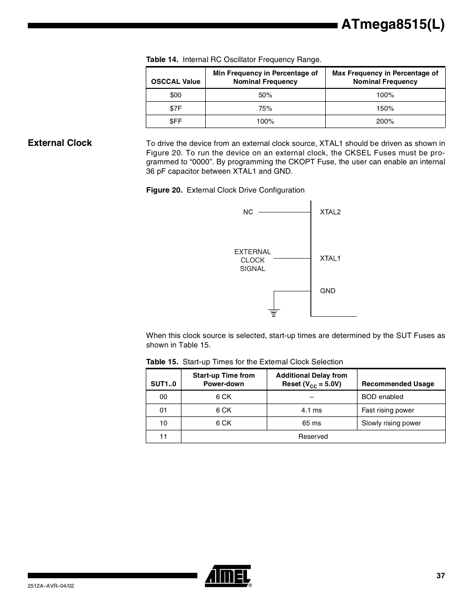 External clock, Table 14, Atmega8515(l) | Rainbow Electronics ATmega8515L User Manual | Page 37 / 223