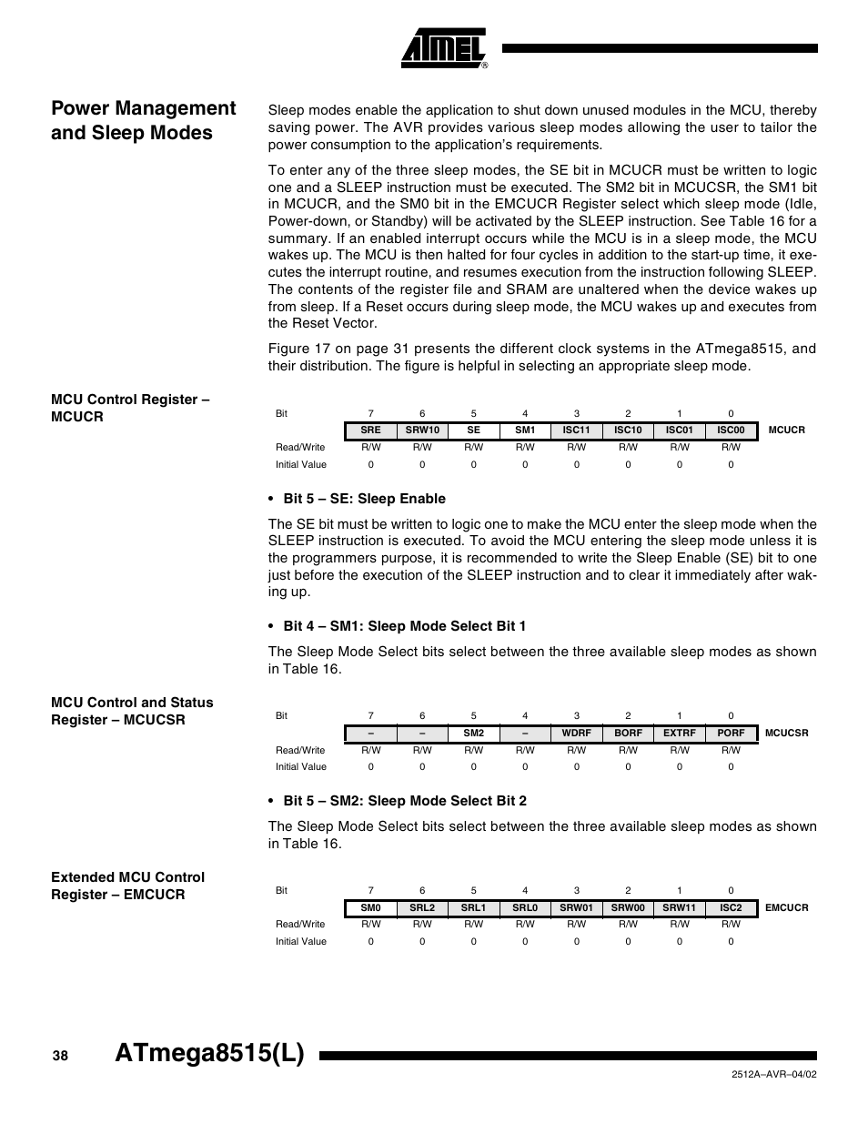 Power management and sleep modes, Mcu control register – mcucr, Mcu control and status register – mcucsr | Extended mcu control register – emcucr, Atmega8515(l) | Rainbow Electronics ATmega8515L User Manual | Page 38 / 223