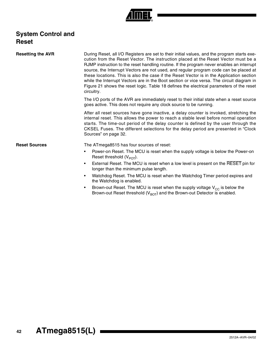 System control and reset, Resetting the avr, Reset sources | Atmega8515(l) | Rainbow Electronics ATmega8515L User Manual | Page 42 / 223